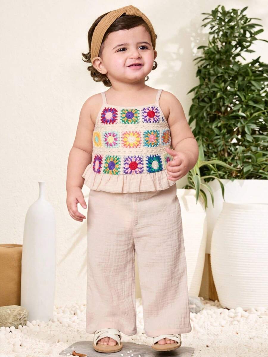 SHEIN 女婴可爱荷叶边钩针装饰吊带连体裤夏季