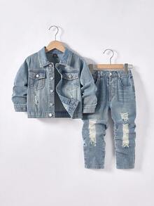 男童两件套服装：破洞牛仔夹克 + 直筒破洞牛仔裤，时尚街头风格幼儿男童牛仔套装，新品上市 - 中等水洗藍 - 查看 3