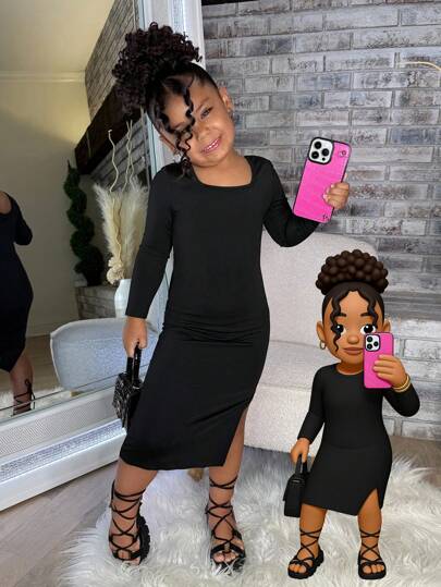 Mommy And Me Young Girl's And Young Girl Classic Frenchy Solid Color Square Neck Casual Knit Dress For Casual Daily Wear, Autumn/Winter,For Halloween,Tee Dress,Long Dress,Cool Girl's, Versatile,Great For Casual & Daily Wear & School Daily In Summer & Autumn Winter, Must-Have, Versatile,Sport Style,Mom And Daughter MatchingBack-To-School,Daily Wear,Mom And Daughter Matching,Black. Fall