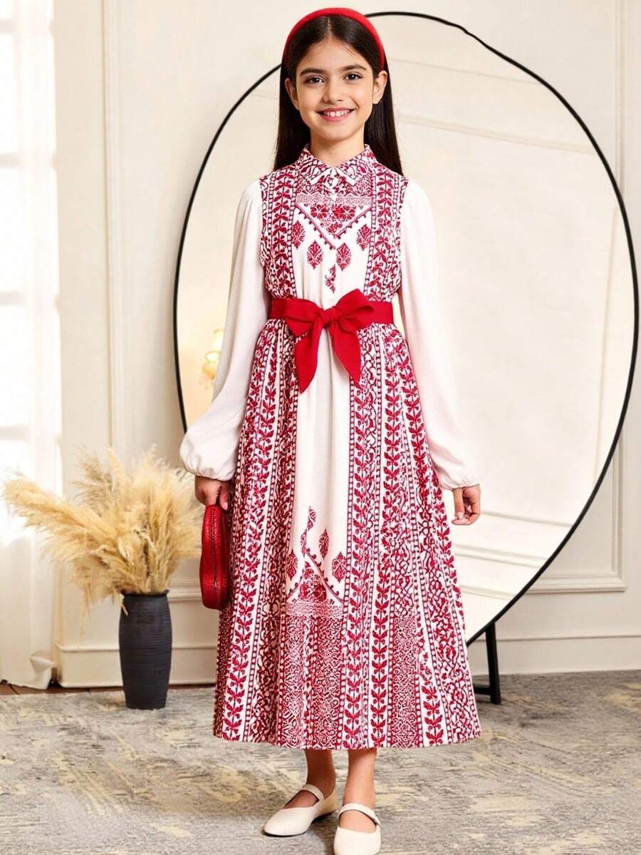 SHEIN Tween女孩可愛彼得潘領輕宮廷印花長袖中長款連衣裙