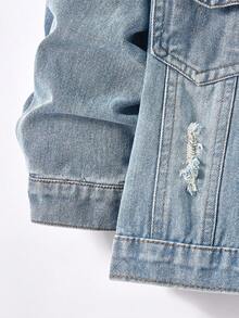 男童两件套服装：破洞牛仔夹克 + 直筒破洞牛仔裤，时尚街头风格幼儿男童牛仔套装，新品上市 - 中等水洗藍 - 查看 8