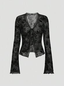 Sweetra Women's New Spring/Autumn Floral Embroidered Mesh Patchwork Flare Sleeve Cardigan, Suitable For Outings, Vacation, Party