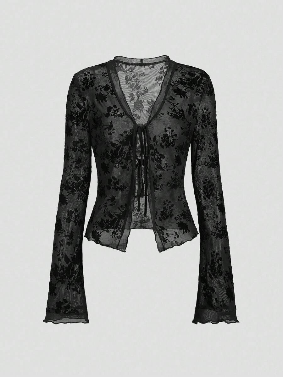 Sweetra Women's New Spring/Autumn Floral Embroidered Mesh Patchwork Flare Sleeve Cardigan, Suitable For Outings, Vacation, Party