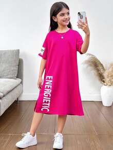 SHEIN Tween Girl Letter Graphic Split Hem Tee Dress - Hot Pink - View 1