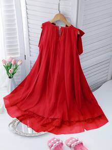 Elegant Fashion Ruffle Trim Pearl Decor Mesh Girls Dress - Red - View 2