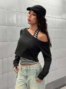 StreetHx 2025秋冬二合一性感露肩图案卫衣 - 黑與白 - 查看 3