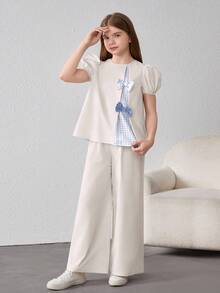 SHEIN Tween Girl Loose Casual Puff Sleeve Colorblock Shirt And Pants Set With Round Neck - Apricot - View 5