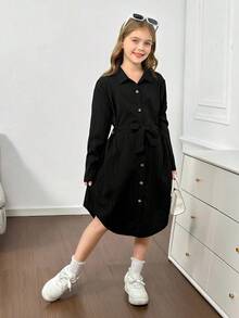 SHEIN 青少年女孩休闲适度舒适翻领不对称下摆中长连衣裙 - 黑色 - 查看 6