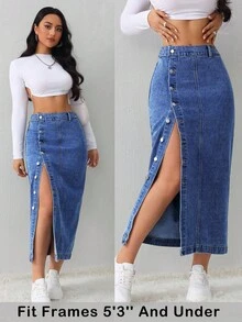 SHEIN PETITE 女士蓝色牛仔半身裙中长裙办公室装铅笔裙夏季开衩牛仔半身裙 - 深色水洗藍 - 查看 1