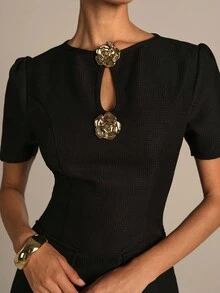 NOVVYNE Vestido de trabajo elegante de manga abullonada para mujer, vestido jacquard negro de línea A ajustado, vestido negro elegante con decoración metálica calada