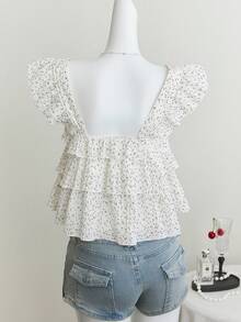 Elamini Women's Blouse With Crinkle Plaid Pattern, Black Polka Dots, Loose Fit Frill Sleeve Design