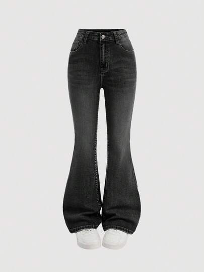 SHEIN Girlism 少女复古蓝色牛仔蝴蝶结口袋喇叭裤，适合夏季早午餐、教堂毕业派对、街头风、夏季海滩波西米亚风度假、夏季音乐会、音乐节、休闲锐舞派对、夏季早午餐、教堂毕业派对、街头风、返校季秋冬季