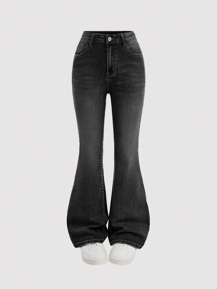 SHEIN Girlism Quần ống loe denim xanh vintage dành cho nữ tuổi teen, thiết kế nơ và túi, thích hợp cho tiệc brunch mùa hè, lễ tốt nghiệp ở nhà thờ, thời trang đường phố, kỳ nghỉ hè trên bãi biển phong cách boho, lễ hội âm nhạc mùa hè, tiệc tùng thường ngày, thời trang đường phố, mùa thu đông trở lại trường học. - màu đen - Xem 1