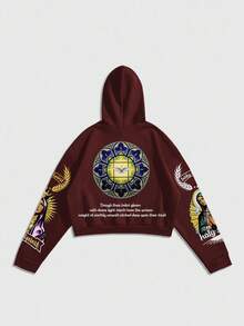 ROMWE MEN Street Life Men's Printed Gothic Sweatshirt, Loose Cropped Style, Fall - Burgundy - View 2