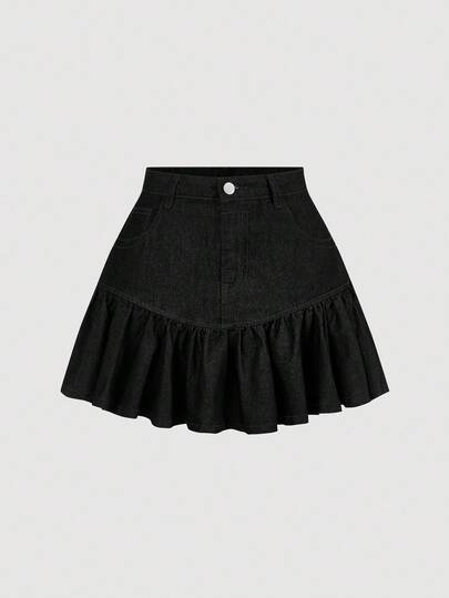 SHEIN MOD Women's Solid Color Ruffle Hem Button Casual Denim Mini Skirt