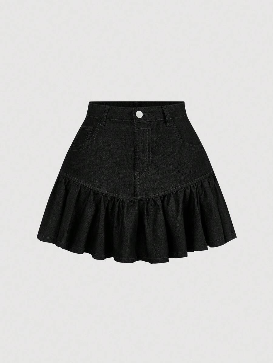 SHEIN MOD Women's Solid Color Ruffle Hem Button Casual Denim Mini Skirt - Black - View 1