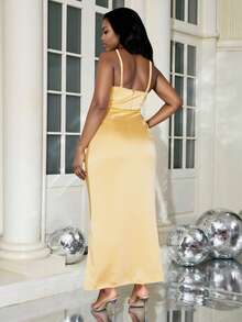 INAWLY Plus Size Women Satin Feather Strap Dress - Yellow - View 2