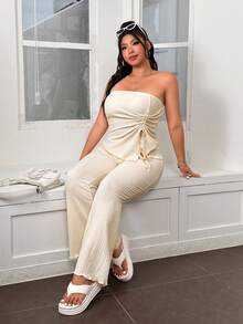 Solflare 2 件套：咖啡色抹胸上衣和喇叭裤，加大码，春夏装