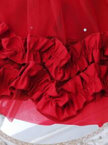 Elegant Fashion Ruffle Trim Pearl Decor Mesh Girls Dress - Red - View 6
