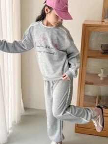 Genkimix Kids 2pcs Tween Girls Lace Trim Bow Letter Print Double Layer Collar Sweatshirt + Lace Trim Solid Color Casual Jogger Pants - Grey - View 4