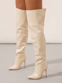 SHUZIA Botas slouchy de tacón de aguja minimalistas para mujer - Beis - Ver 4