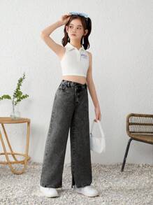 SHEIN Tween Girls Y2K 春夏波西米亚风石洗休闲开叉下摆不对称腰部宽松阔腿牛仔裤，女童夏装套装 - 黑色 - 查看 4