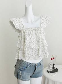 Elamini Women's Blouse With Crinkle Plaid Pattern, Black Polka Dots, Loose Fit Frill Sleeve Design