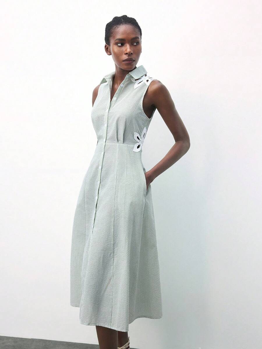 Maija 女式竖条纹花卉镂空设计无袖连衣裙，都市简约百搭通勤商务休闲连衣裙，适合派对、度假、郊游、优雅婚礼宾客礼服