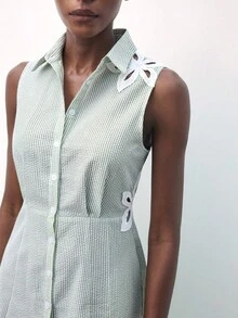 Maija 女式竖条纹花卉镂空设计无袖连衣裙，都市简约百搭通勤商务休闲连衣裙，适合派对、度假、郊游、优雅婚礼宾客礼服 - 綠色 - 查看 6