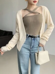 SHEIN LUNE Cárdigan de manga larga y corto de punto para mujer, diseño minimalista y versátil - Albaricoque - Ver 4