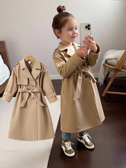 SHEIN Chaqueta de niña joven de estilo militar casual, de doble botonadura, con solapa, holgada y larga, tipo anorak, chaqueta de parka, abrigo impermeable, adecuada para ir al trabajo y uso al aire libre, para primavera/verano/otoño/invierno, conjuntos Y2K para niñas, chaqueta metálica para niñas, conjuntos Y2K para niñas, chaqueta Y2K plateada, atuendos de niña mala, atuendos de niña joven, para Halloween, temporada de vuelta al colegio, a juego con mamá y hermana.