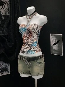 EgrlEra 女式露背性感尤物圆环装饰动物印花图案背心 - 藍色 - 查看 5