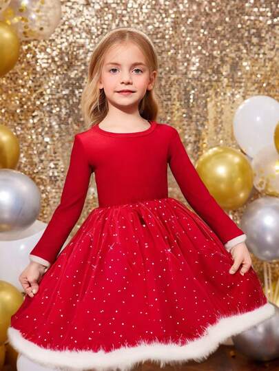 SHEIN 年轻女孩圣诞节可爱拼接毛茸茸长袖网纱连衣裙