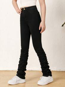 SHEIN Teen Girl Solid Stacked Jeans - Black - View 1