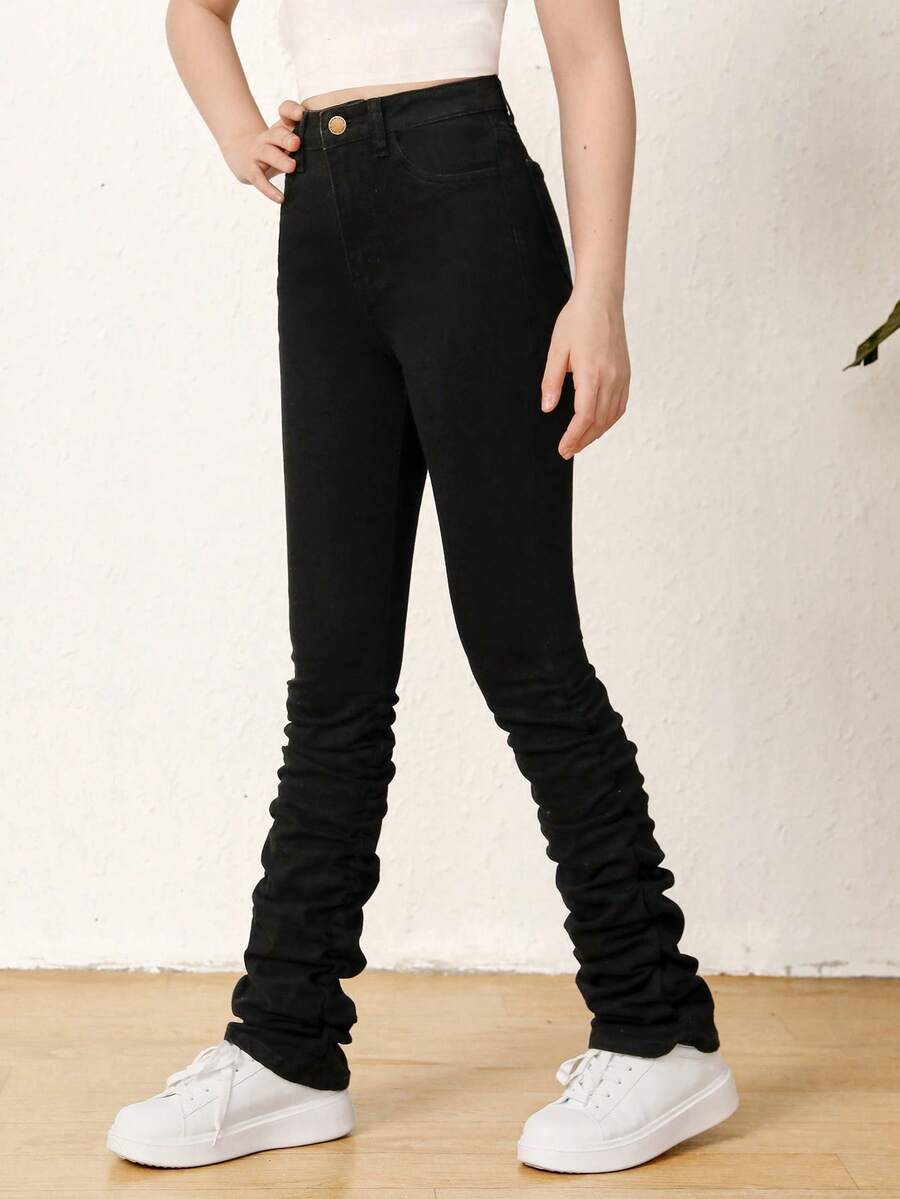 SHEIN Teen Girl Solid Stacked Jeans - Black - View 1