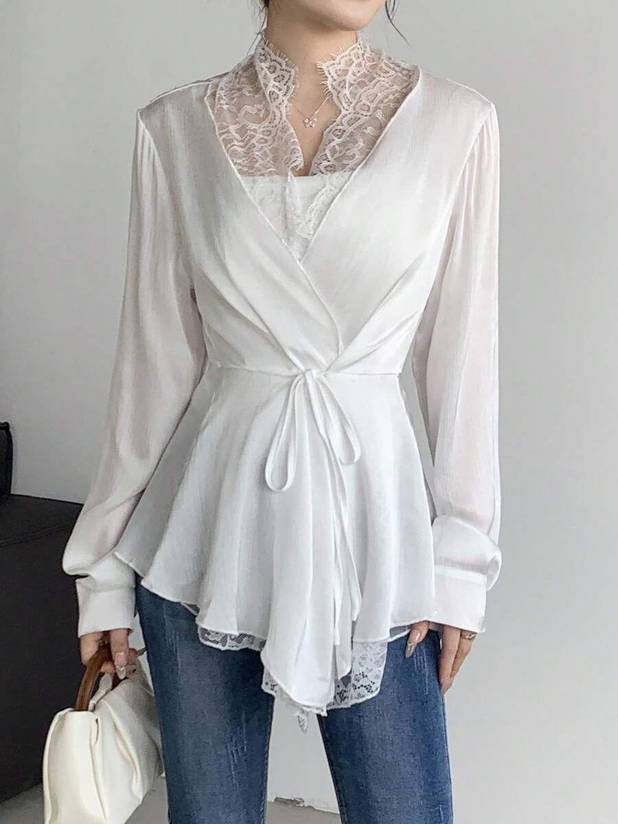 Giddy West Giddy West Women's Commuting Minimalist Lace Patchwork Tie Front Lightweight Jacket - White - View 1