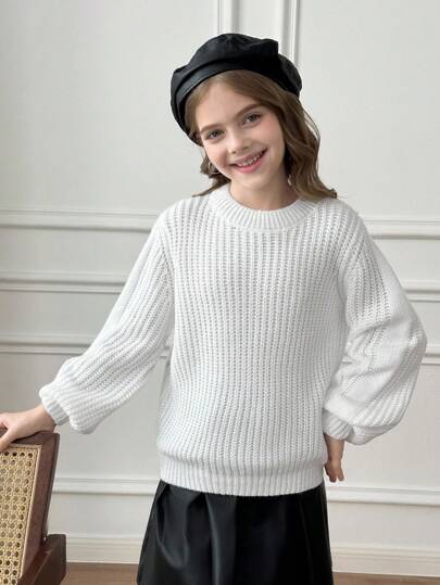 SHEIN Tween Girls Casual Solid White Color Round Neck Long Sleeve Knitted Sweater,Autumn/Winter,Chic Insulation Knit For Kids Textured Sweaters Knitwear
