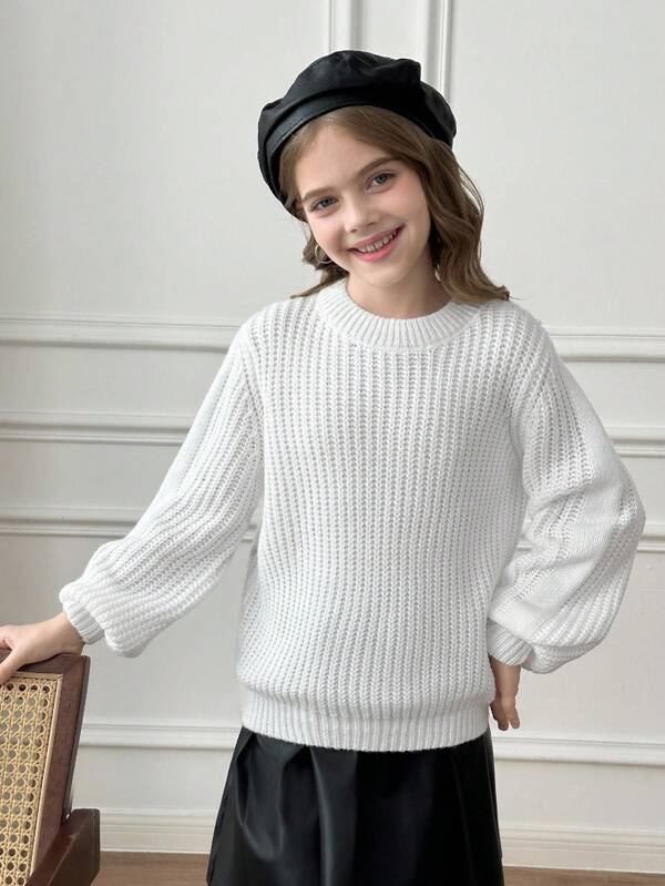 SHEIN Jeune fille Casual Couleur blanche unie Col rond Manches longues Tricot Pull, Automne/Hiver, Chic Isolation