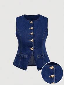 SHEIN MOD Blusa de mezclilla de talla grande con cuello redondo, abotonada al frente y sin mangas - Azul lavado oscuro - Ver 1