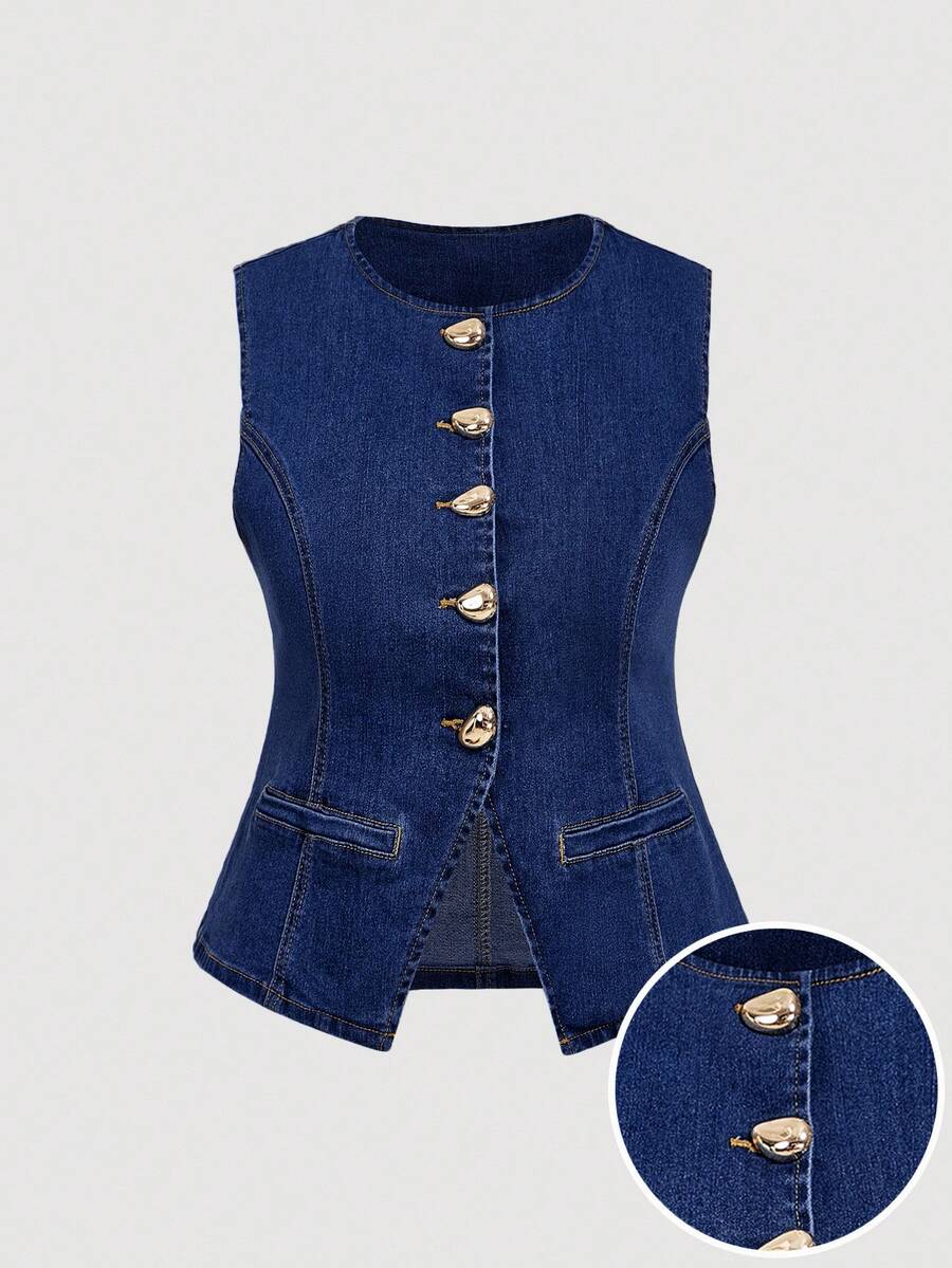 SHEIN MOD Blusa de mezclilla de talla grande con cuello redondo, abotonada al frente y sin mangas - Azul lavado oscuro - Ver 1
