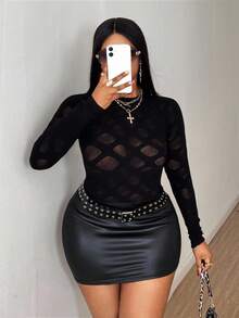 Maweii Plus Size Women's Sexy Hollow Out Long Sleeve Top