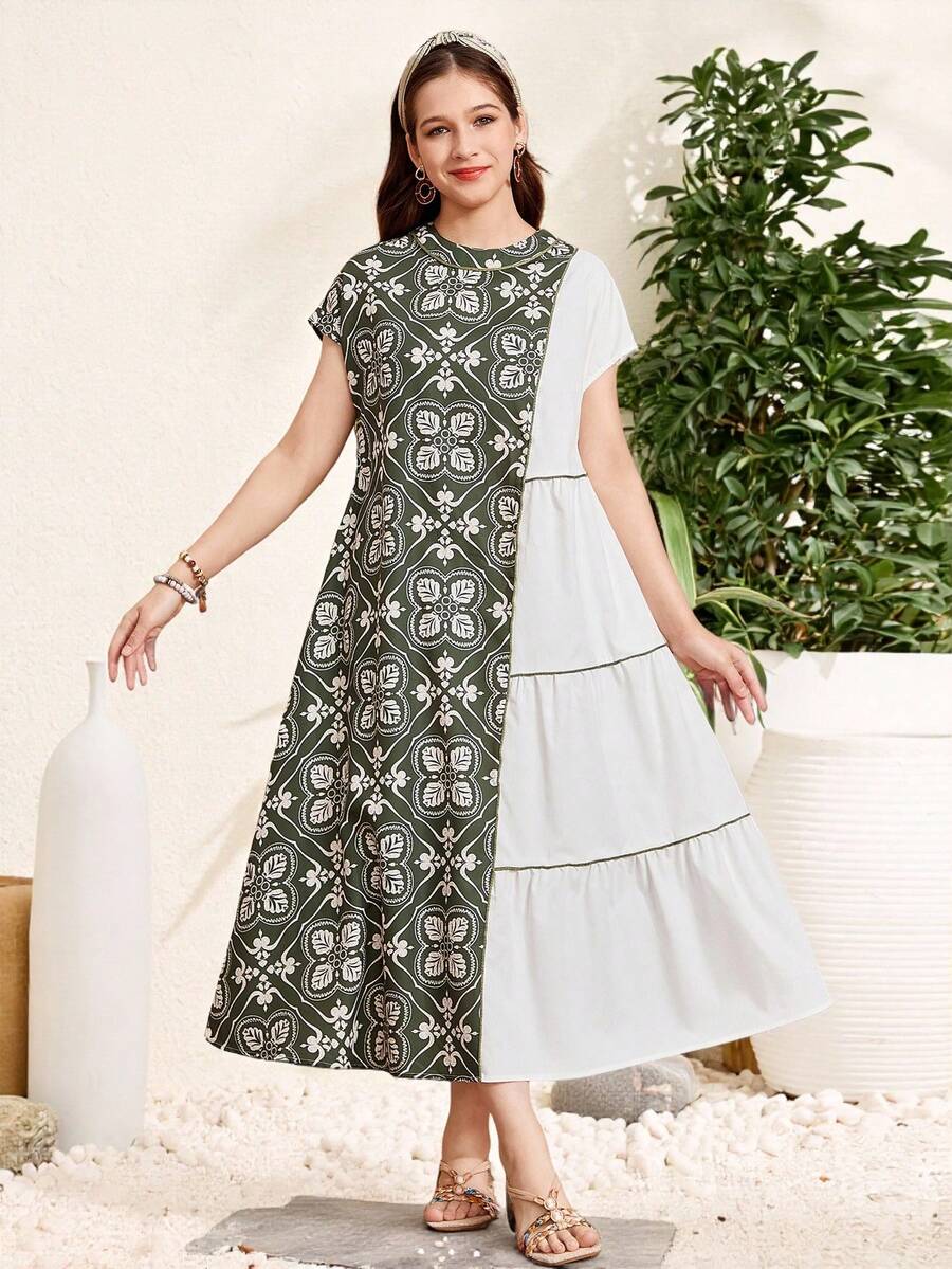 SHEIN Pattern Color Block Layered Round Neck Loose Casual Long Dress For Teen Girls - Green - View 1