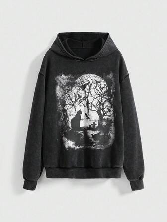 Goth Sudadera corta de mujer de estilo gótico con un solo hombro, bajo asimétrico, encaje de contraste y estampado de cuervo y árbol muerto en bosque oscuro gótico