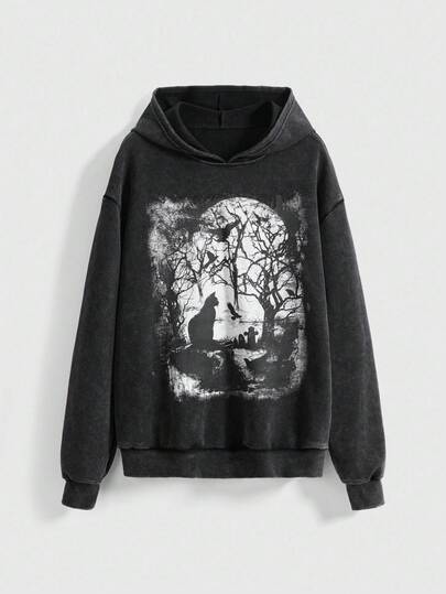 Goth Sudadera corta de mujer de estilo gótico con un solo hombro, bajo asimétrico, encaje de contraste y estampado de cuervo y árbol muerto en bosque oscuro gótico