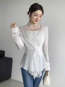 Giddy West Giddy West Women's Commuting Minimalist Lace Patchwork Tie Front Lightweight Jacket - White - View 3