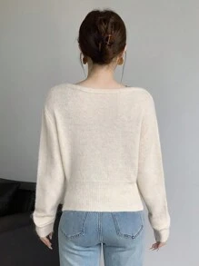 SHEIN LUNE Cárdigan de manga larga y corto de punto para mujer, diseño minimalista y versátil - Albaricoque - Ver 2