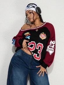 ROMWE Street Life Vintage Casual Street Style Baddie Label & Number Badge Graphic Plus Size Loose Fit Oblique Shoulder Sweatshirt For Women, Plus Size - Black - View 1