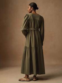 Vesra 女士简约纯色圆领泡泡袖褶皱休闲连衣裙，适合通勤 - 橄欖綠 - 查看 2