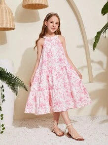 SHEIN Tween Girl's Woven Floral Printed Sleeveless Loose Casual Vacation Dress - Baby Pink - View 6