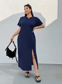 Solflare Plus Size Short Sleeve V-Neck Rift Dress, Navy Blue, For Vacation In Spring/Summer,Sun Dresses For Women - Navy Blue - View 5